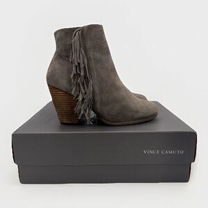 Vince Camuto Hayzee Ankle Boots Fringed Suede Booties Gray Women's Size 6.5 M